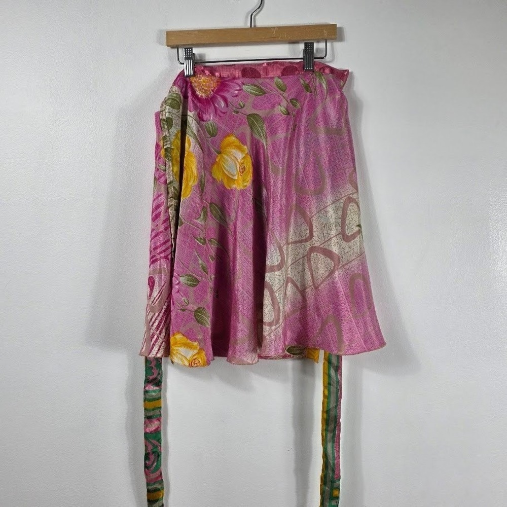 Silk Reversible Wrap Skirt Women S-L Pink Green Floral‎ Polka Dot Boho - Picture 3 of 6